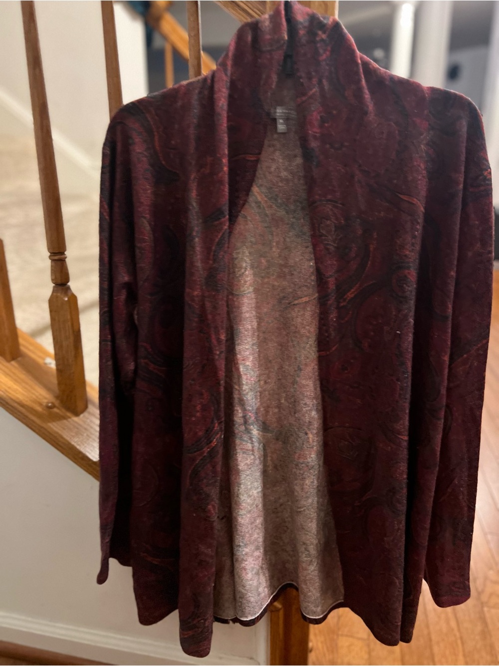 Neiman Marcus Deep Burgundy Open-Front Paisley Jacket Disclaimers